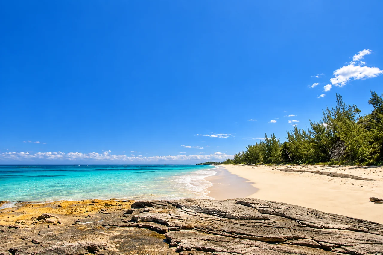 A quiet sandy beach with turquoise water and coastal rocks in The Bahamas
