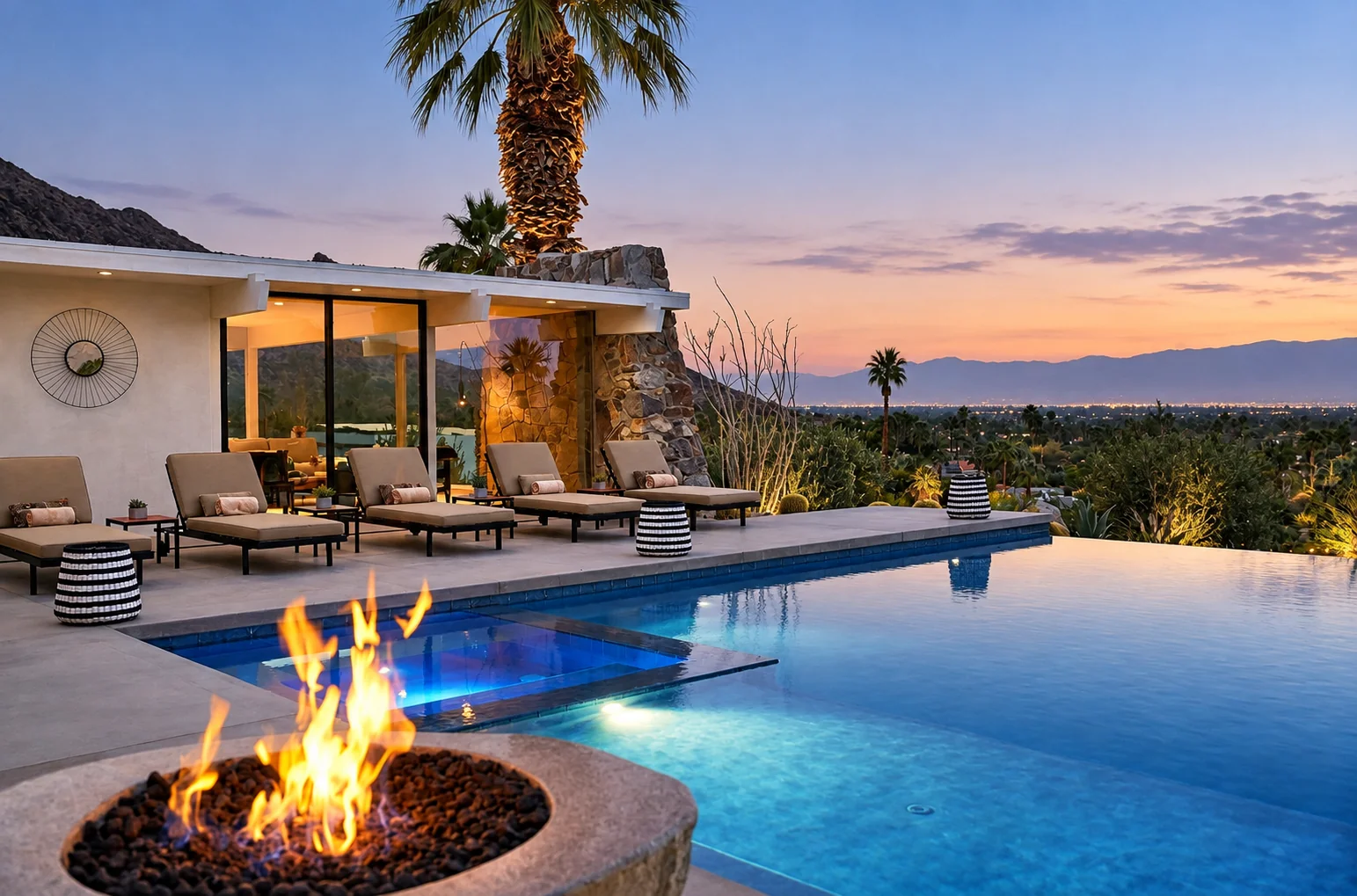 A desert villa infinity pool and fire bowl overlooking the valley at dusk in California