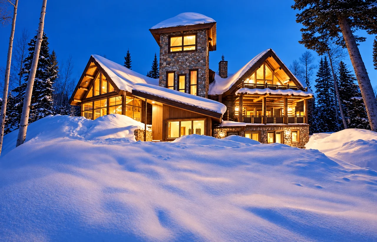 A warmly lit mountain chalet with a stone tower beneath a blue twilight sky in Colorado