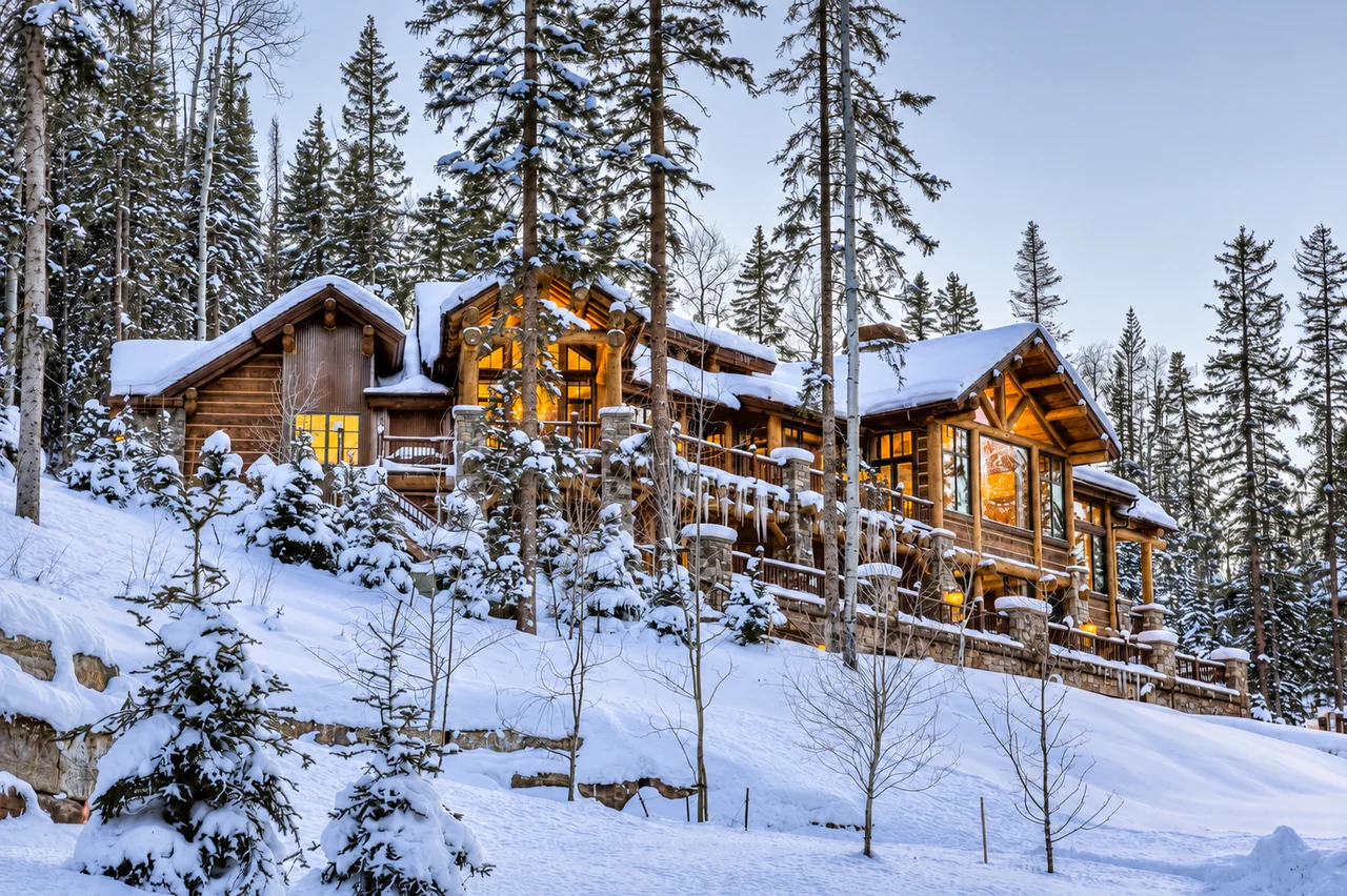A timber and stone mountain lodge surrounded by snowy pines in Colorado