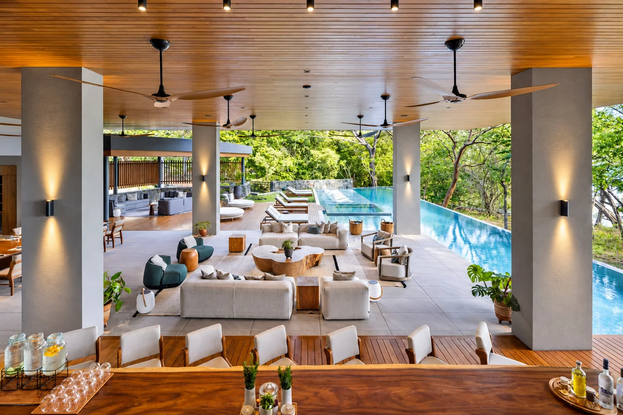 An open-air lounge with a wood ceiling beside a long pool and tropical trees in Guanacaste