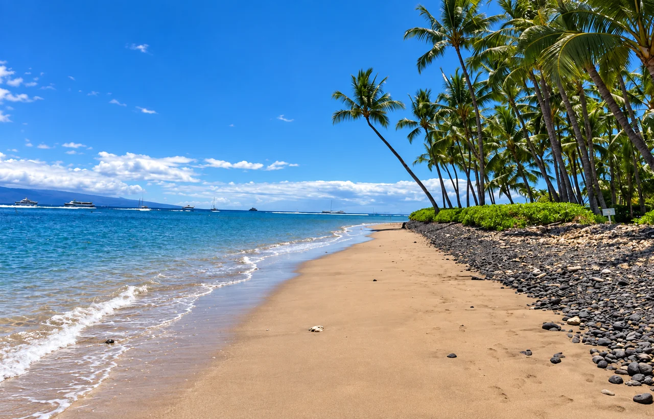 A sandy Maui beach lined with palm trees and boats offshore
