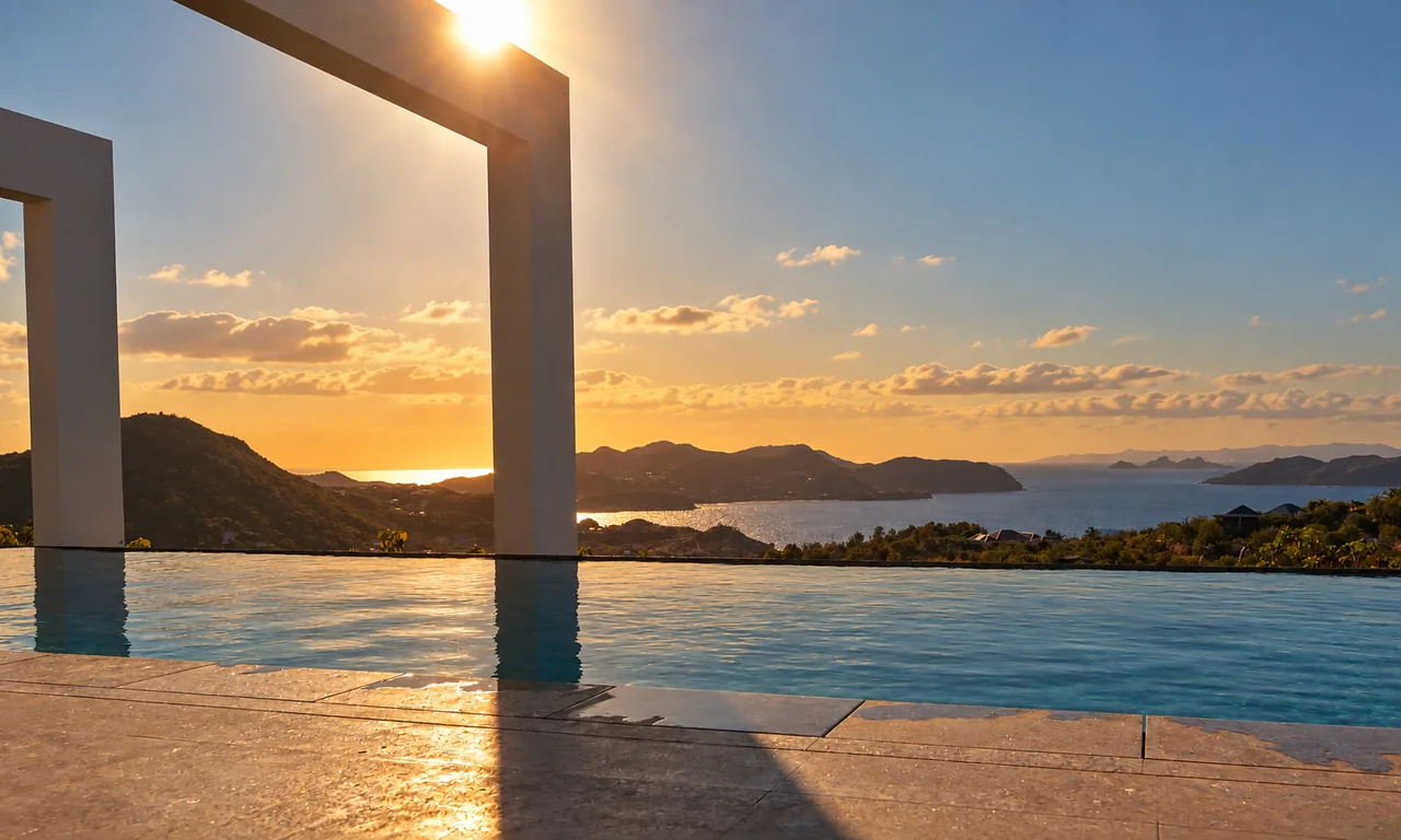 An infinity pool beneath white architectural frames overlooking the island coastline at sunset in St. Barts