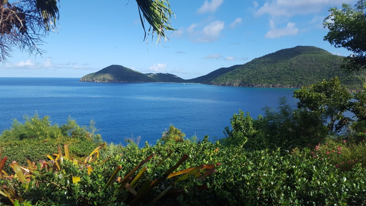 View across Tortola’s green coastline and blue Caribbean water