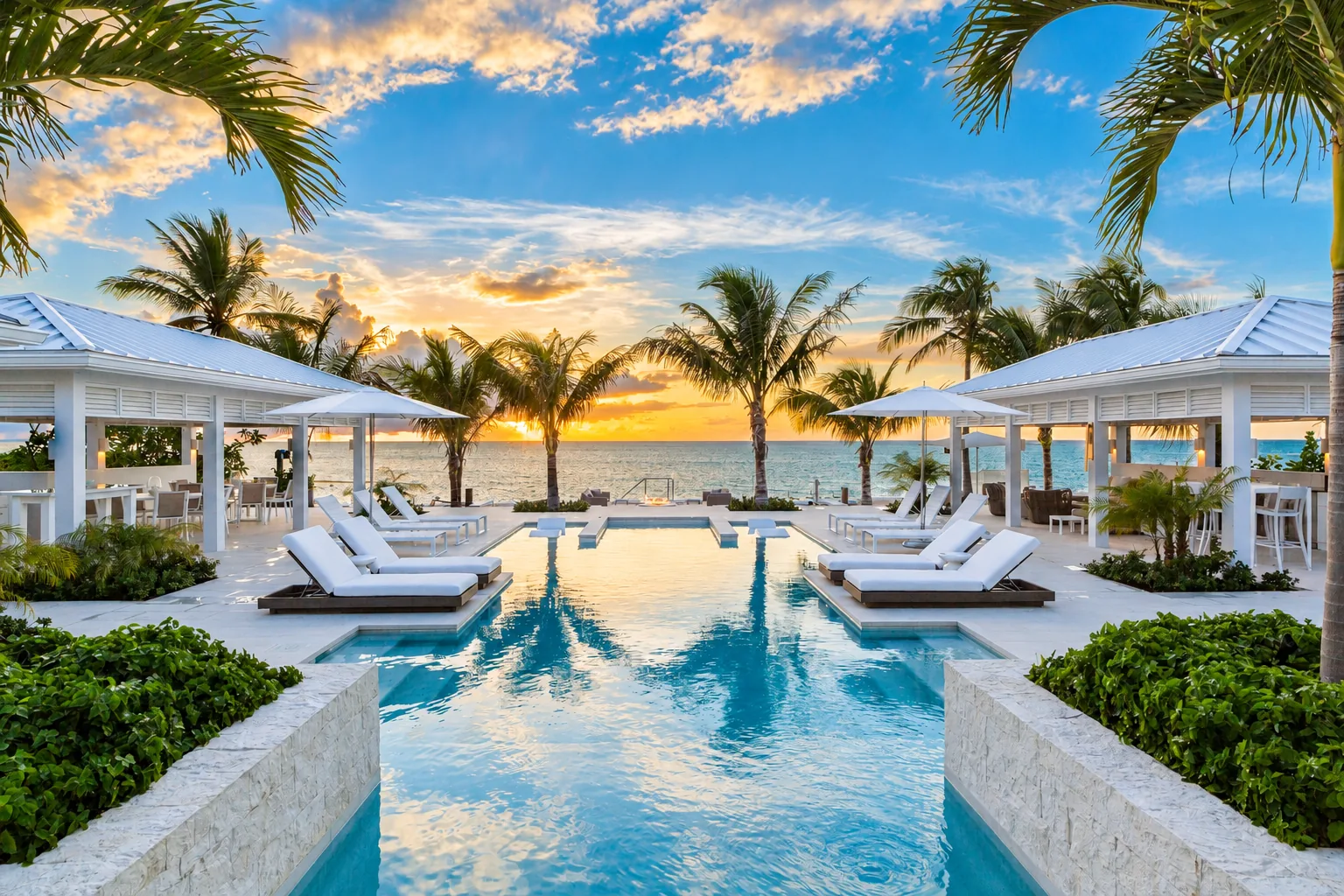 A palm-lined villa pool overlooking the ocean at sunset