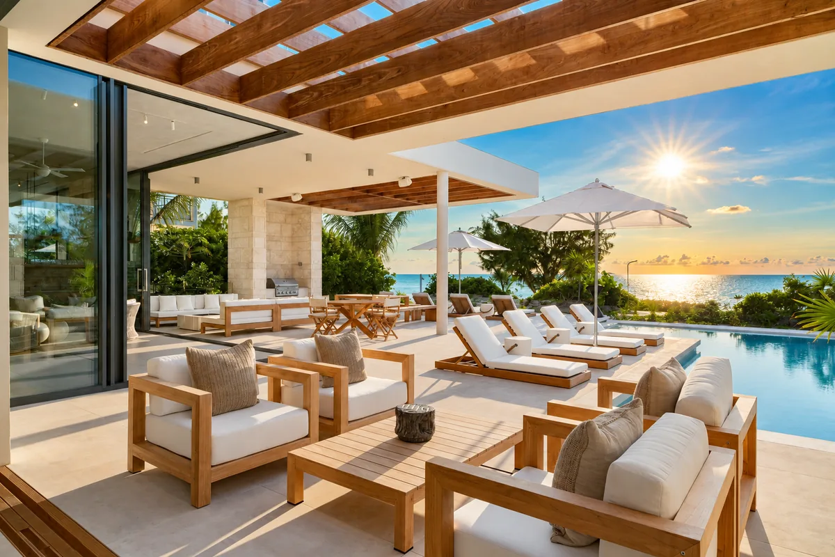 A sunlit villa terrace with lounge seating and a pool overlooking the sea