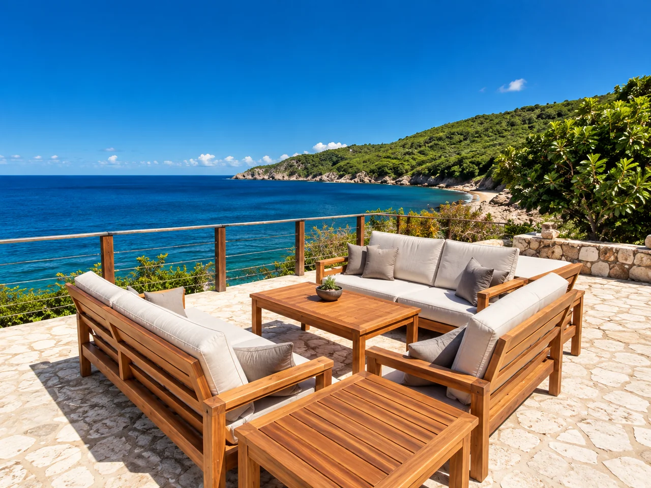AI reconstruction of the supplied Virgin Gorda terrace photo, with wooden seating overlooking the sea