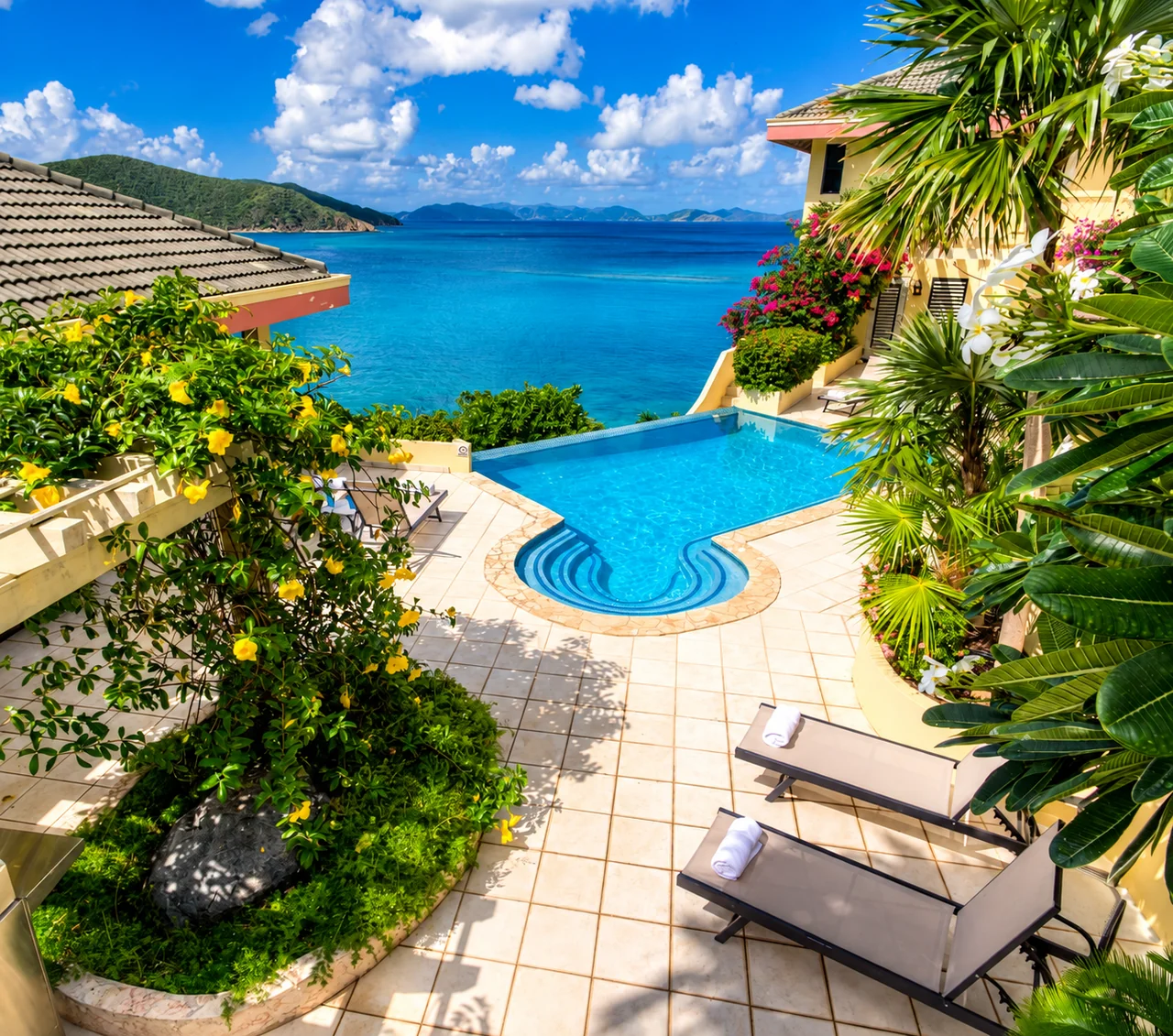 A villa courtyard with a curved pool and tropical gardens overlooking the sea in Virgin Gorda