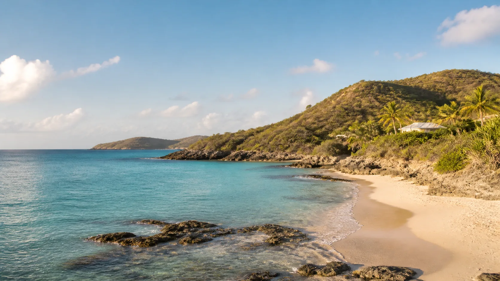 AI-generated illustration: Pale sand cove beneath Antigua-inspired dry-green coastal hills.