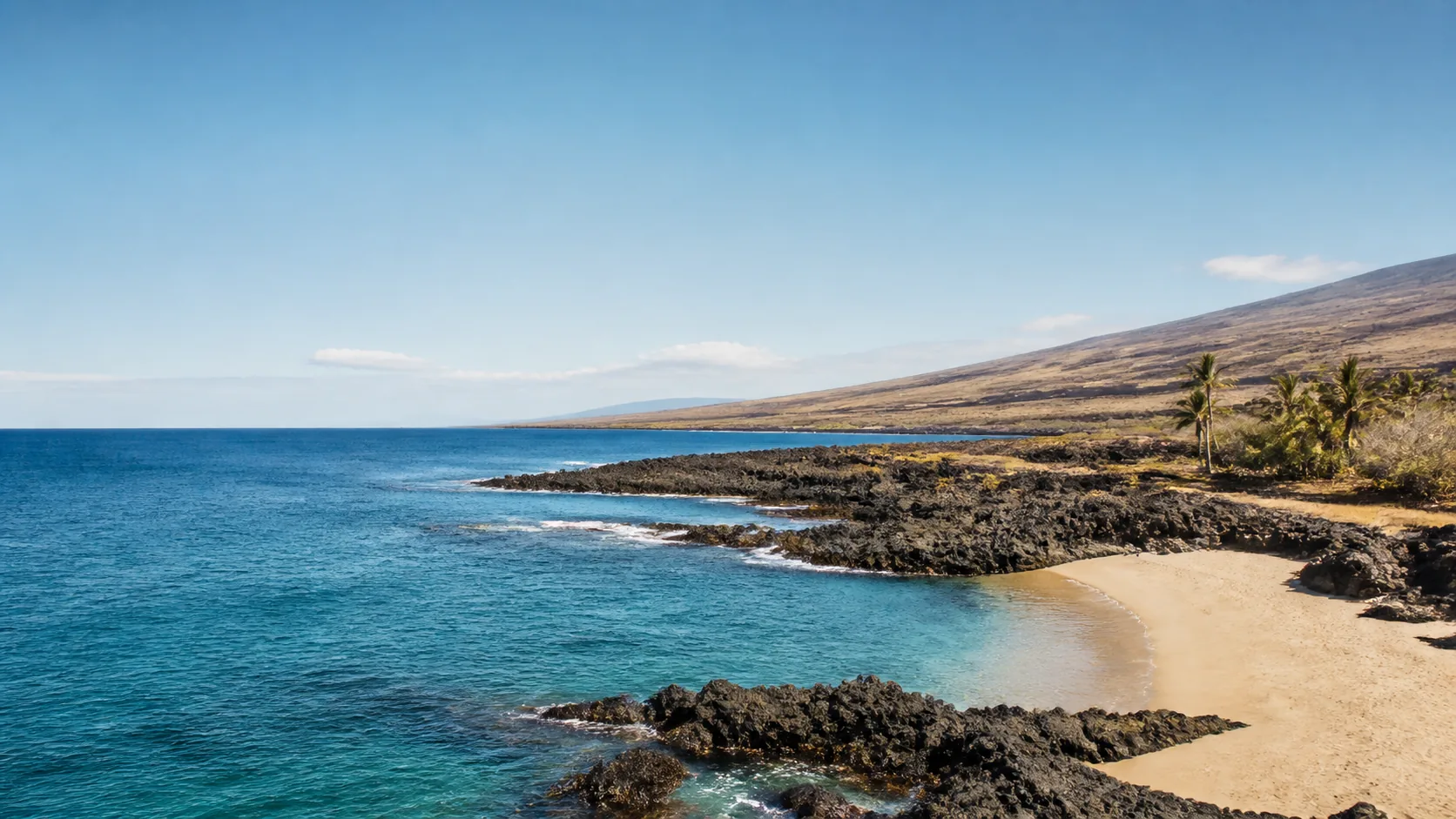 AI-generated illustration: Kohala-inspired golden cove between weathered lava shelves and dry volcanic slopes.