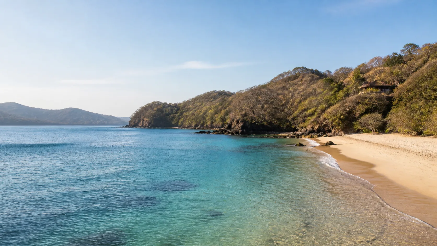 AI-generated illustration: Guanacaste-inspired golden Pacific cove below seasonally dry tropical forest.