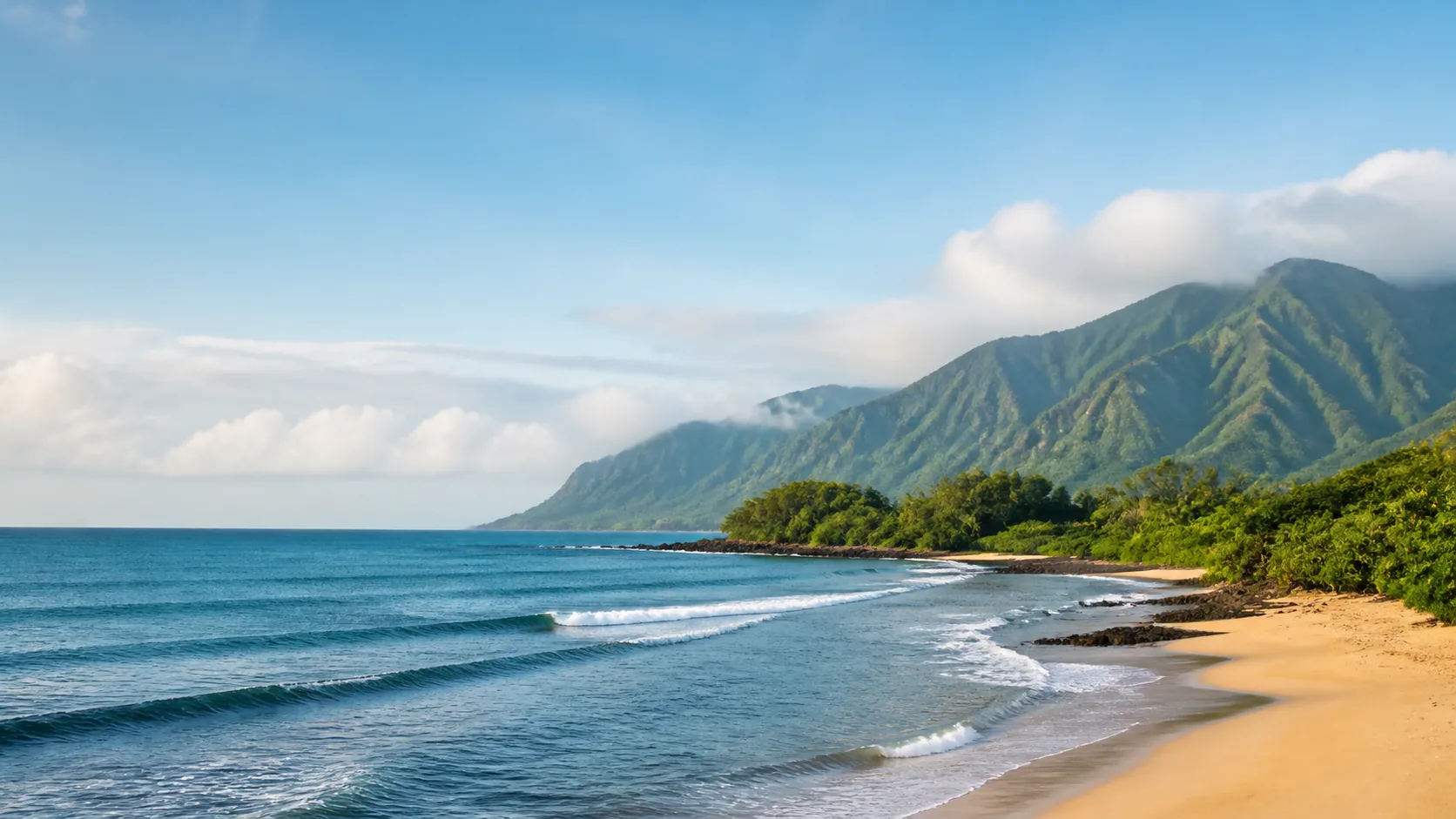 AI-generated illustration: Kauai-inspired bay beneath lush folded volcanic ridges.