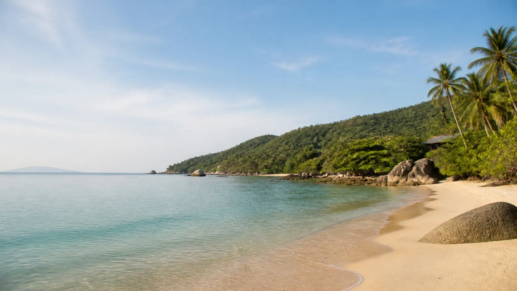 AI-generated illustration: Koh Samui-inspired palm beach with rounded green hills and calm Gulf water.