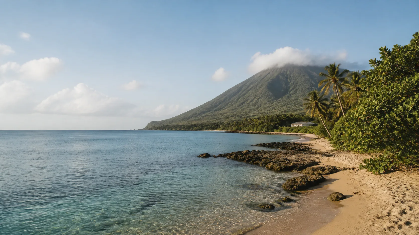 AI-generated illustration: Nevis-inspired forested volcanic peak beyond a quiet western shoreline.
