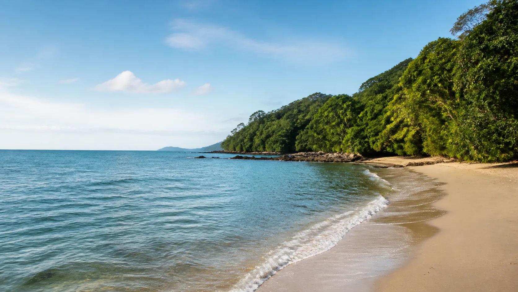 AI-generated illustration: Punta Leona-inspired pale sand cove beside Costa Rican tropical forest.