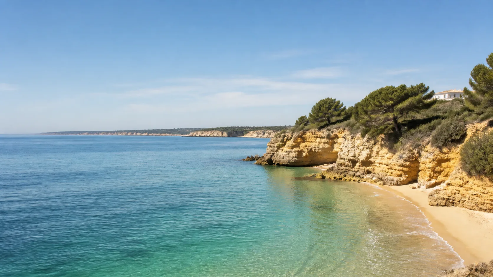 AI-generated illustration: Algarve-inspired golden limestone coast and blue Atlantic water.
