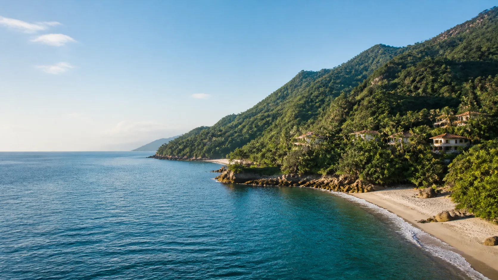 AI-generated illustration: Banderas Bay-inspired coastal cove beneath leafy Sierra Madre foothills.