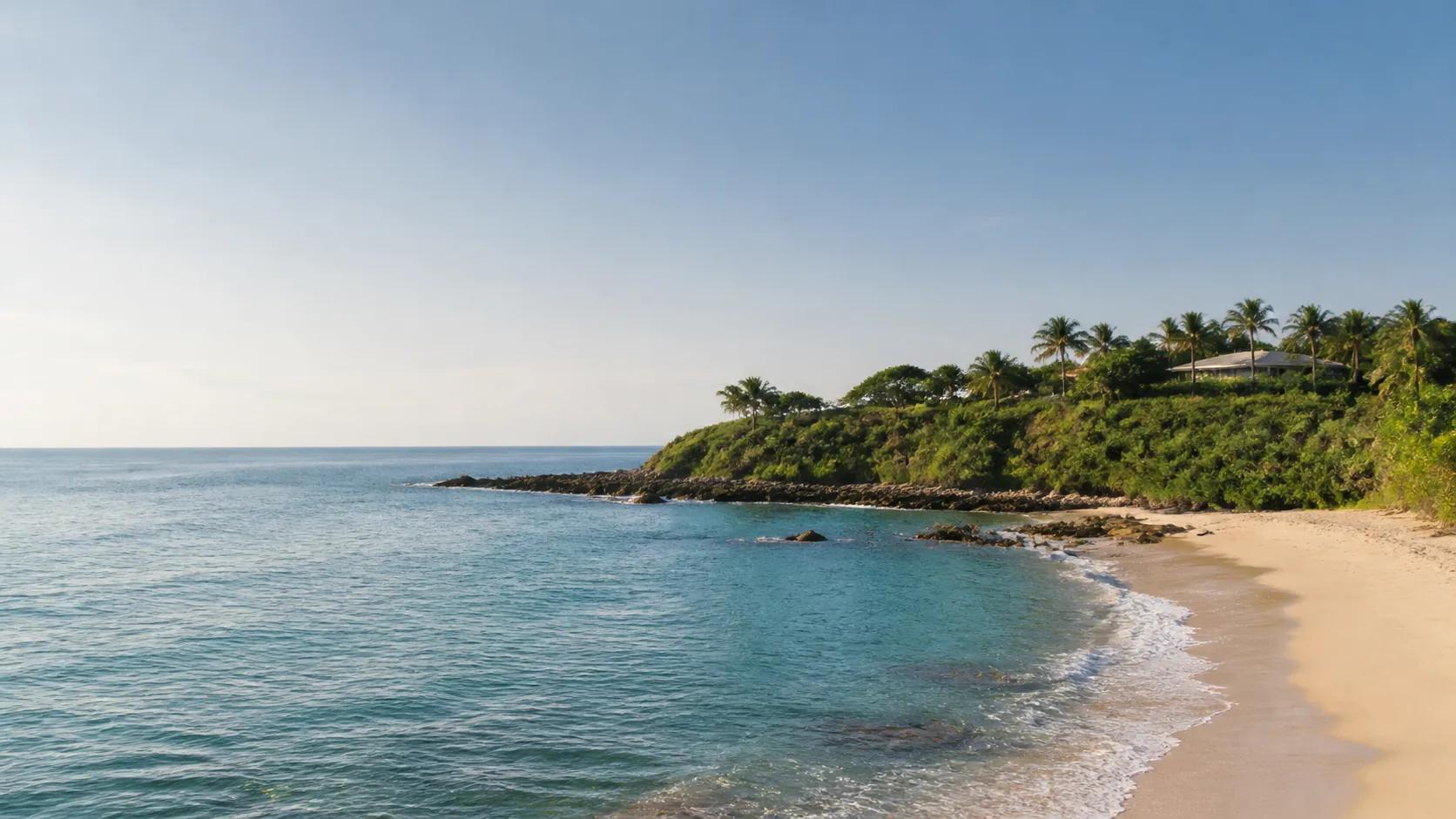 AI-generated illustration: Punta Mita-inspired Pacific crescent beach and low green peninsula.