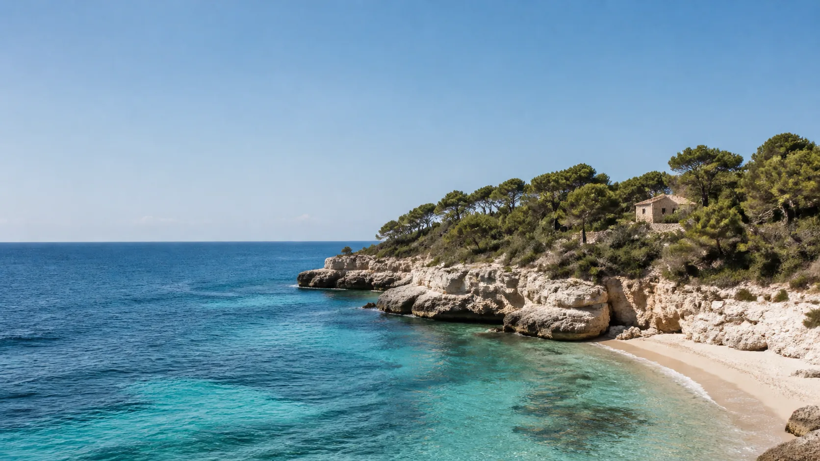 AI-generated illustration: Balearic-inspired Mediterranean cove framed by limestone and coastal pines.