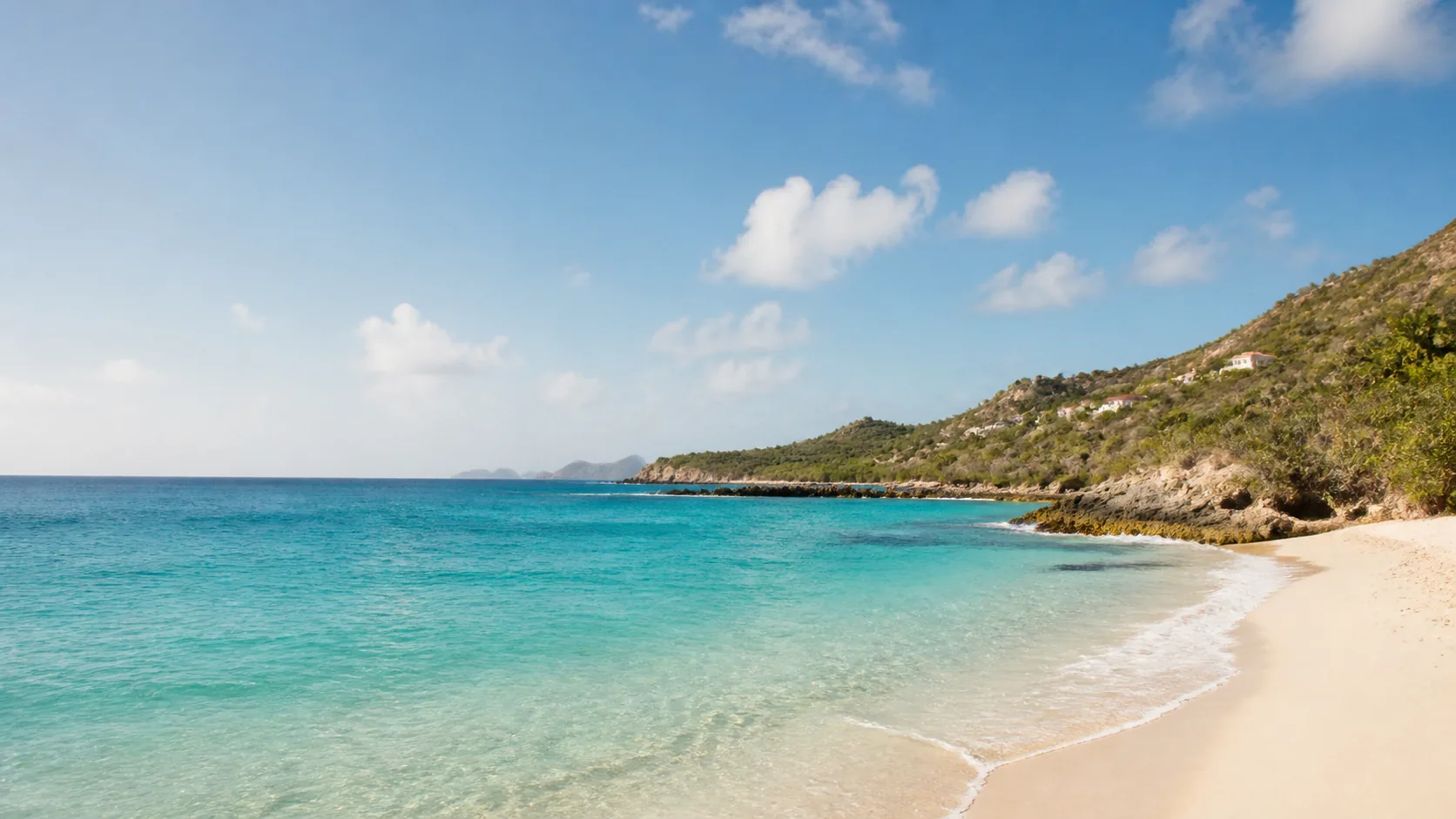 AI-generated illustration: St Barts-inspired pale beach beneath rounded dry-green island hills.