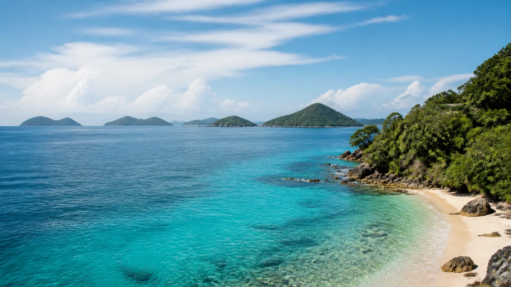 AI-generated illustration: Grenadines-inspired pale cove with layered green islands across blue water.