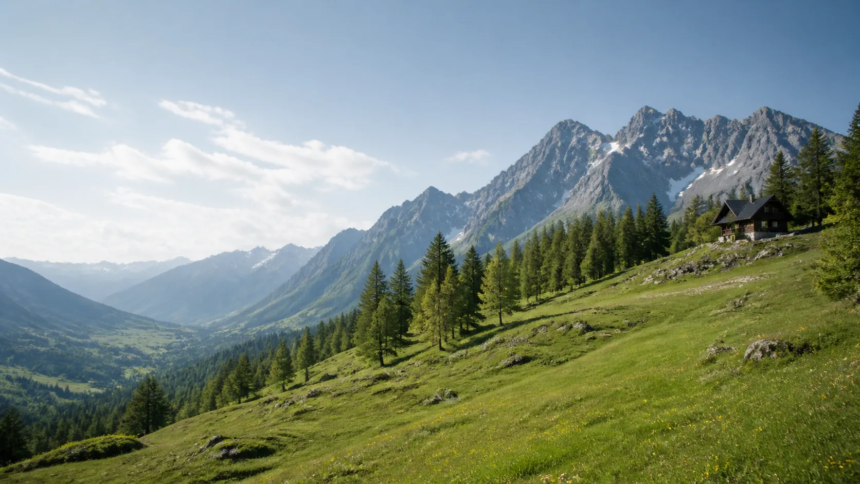 AI-generated illustration: Swiss Alps-inspired summer meadow, distant peaks and a small timber chalet.