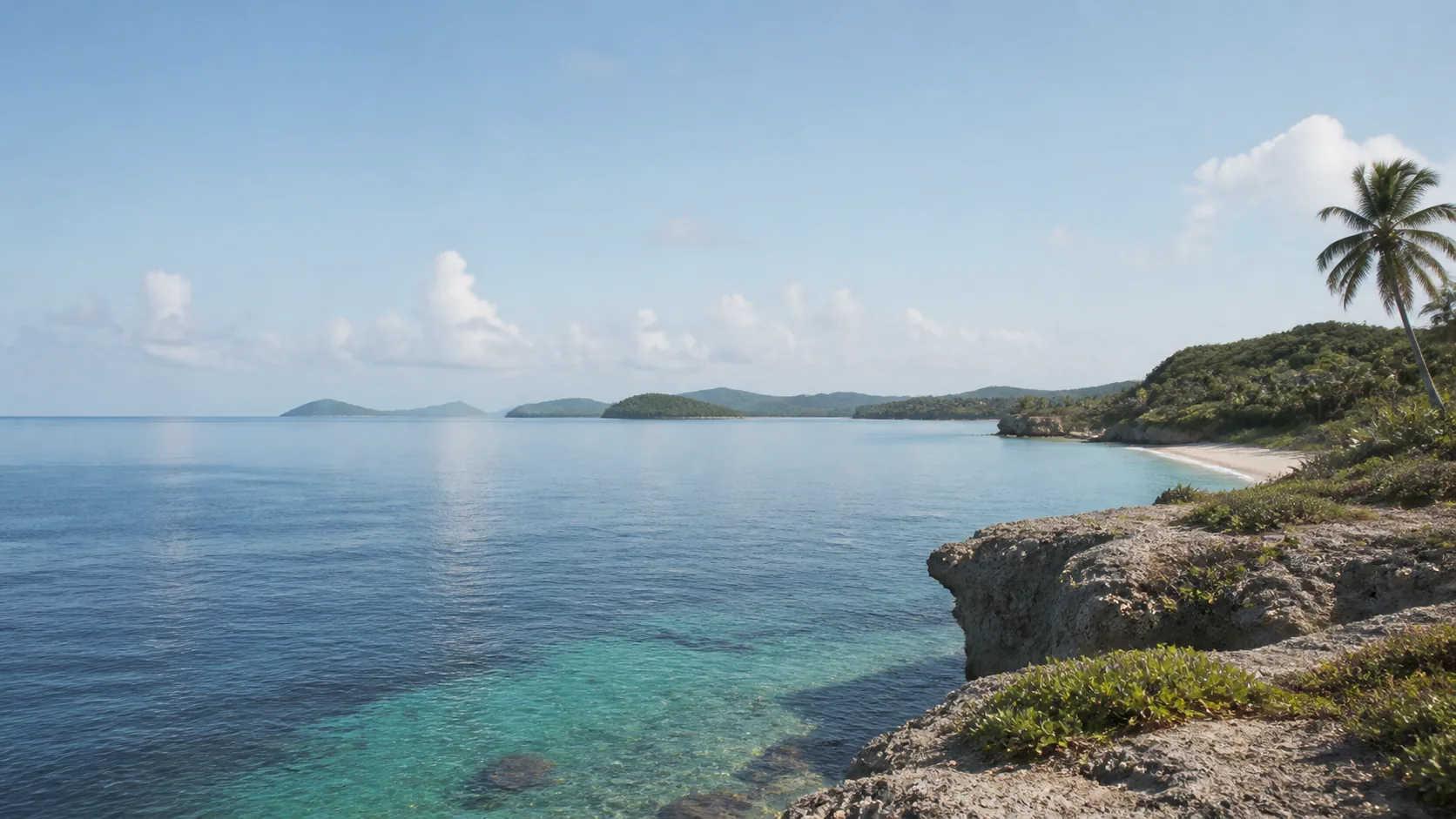 AI-generated illustration: Blue Caribbean bay with rounded green islands and a quiet rocky shoreline.