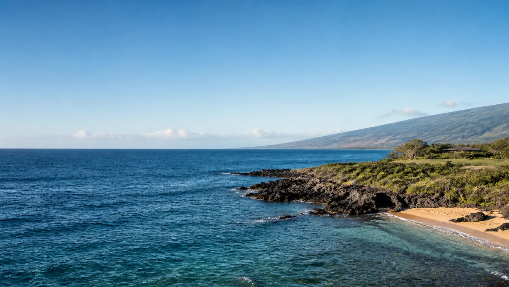 AI-generated illustration: Blue Pacific water, volcanic shoreline and a small Hawaiian-inspired sand cove.