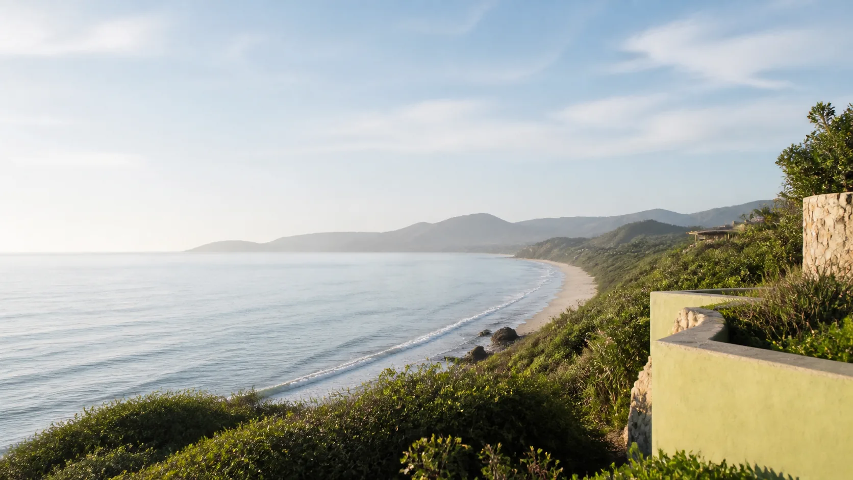AI-generated illustration: Mexican Pacific coastline framed by native planting and a pale stone terrace.