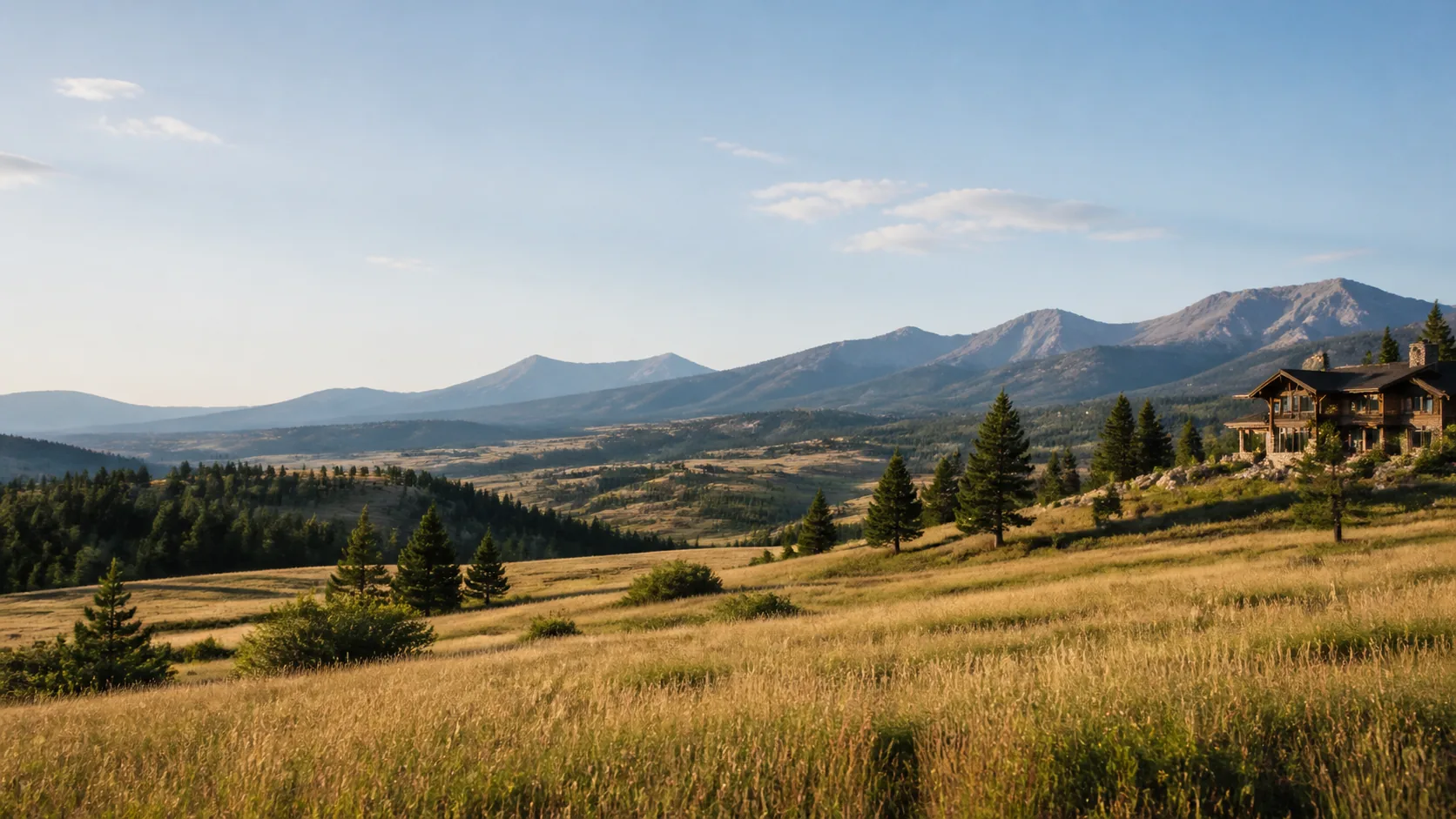 AI-generated illustration: Mountain valley, meadow and a discreet timber retreat inspired by the American West.