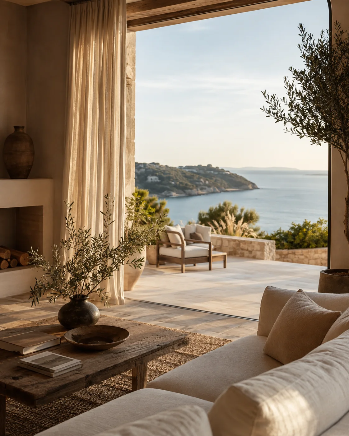 A calm villa living room opening onto a sea-view terrace
