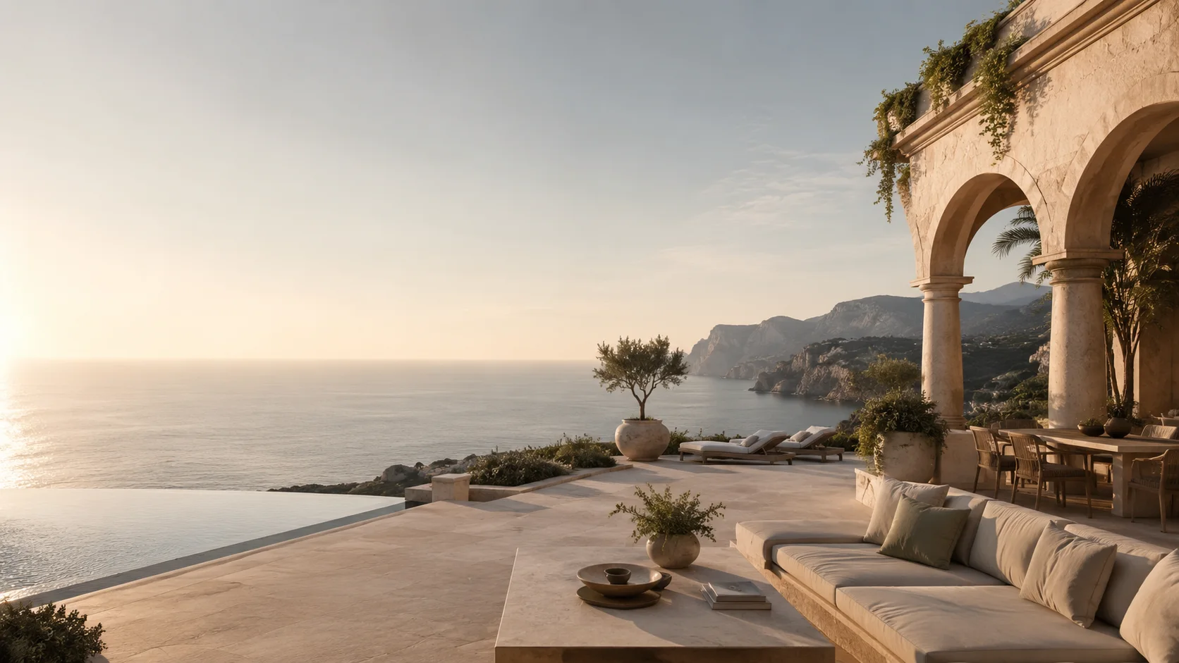 A beachfront villa terrace above the sea at golden hour